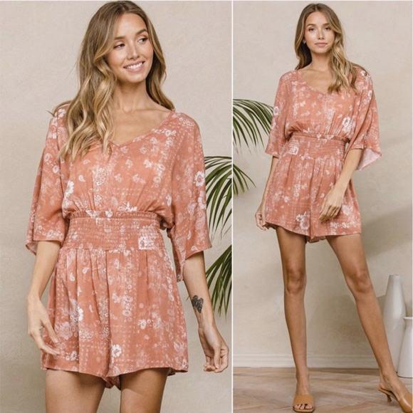 Last 1! Sweet Summer Coral One Piece Romper w/ Gorgeous Floral Paisley Print - Picture 5 of 5